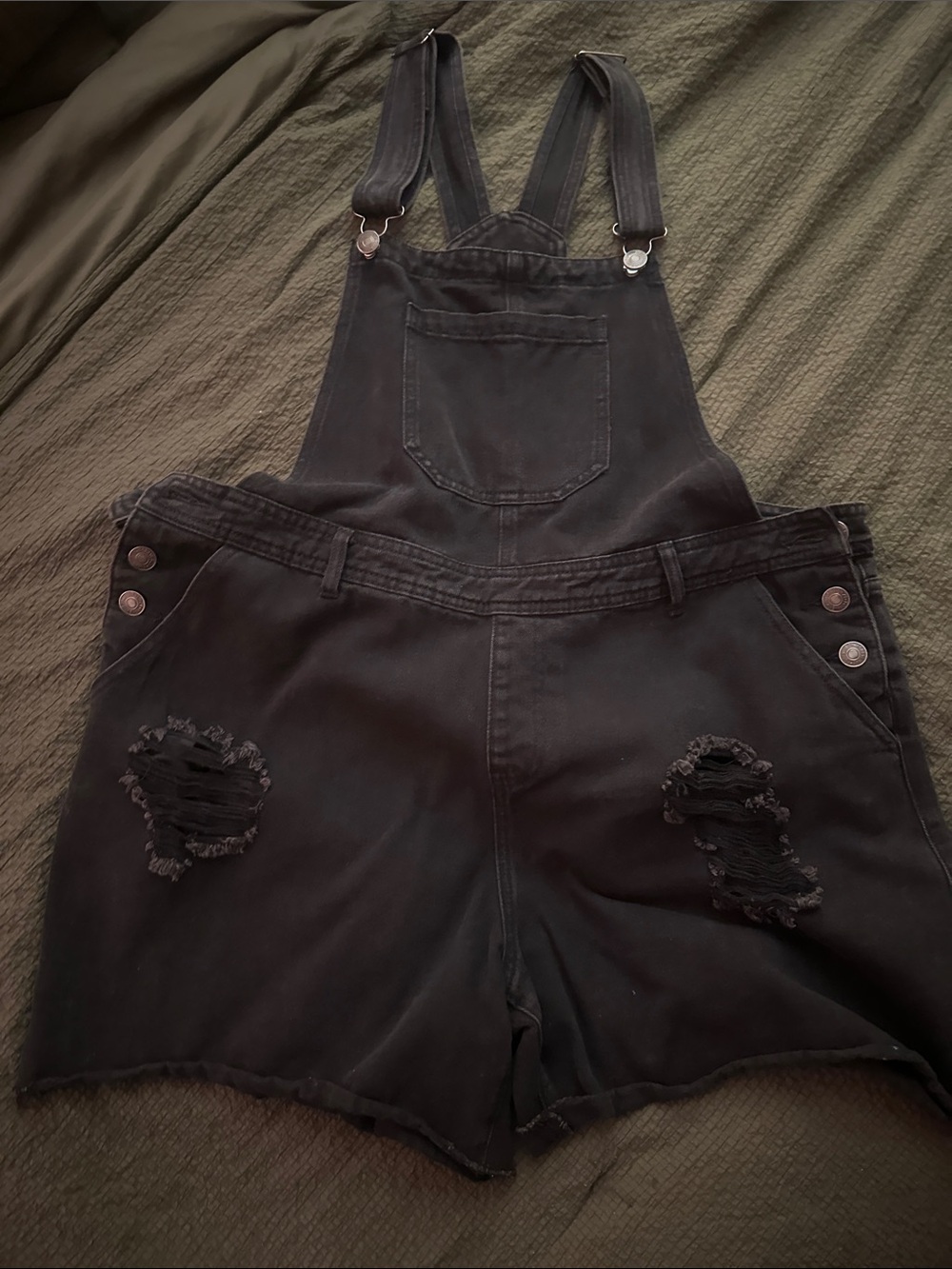 Forever21 Black Distressed Denim Short Overalls